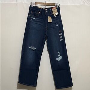 Levi’s Ribcage Straight Ankle Distressed Dark Wash Blue Jeans Sz 26